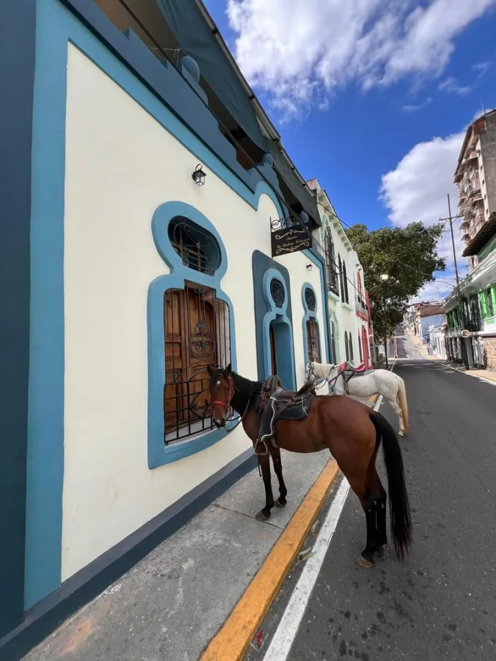 Fachada colonial de la posada, con ventanas azules y caballos en la calle